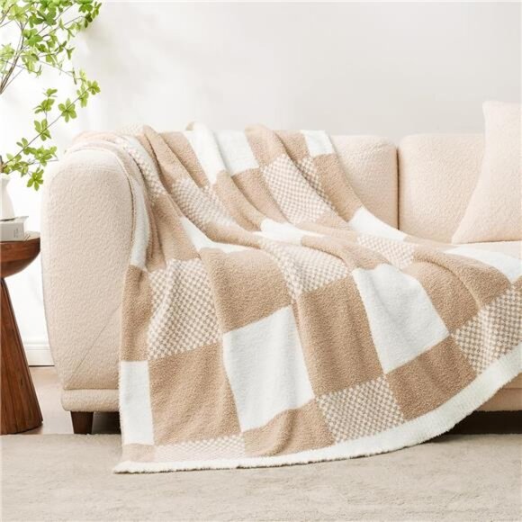 Checkered Blanket, Beige Throw Blanket for Couch Plaid Microfiber Fluffy Warm - Picture 5 of 7